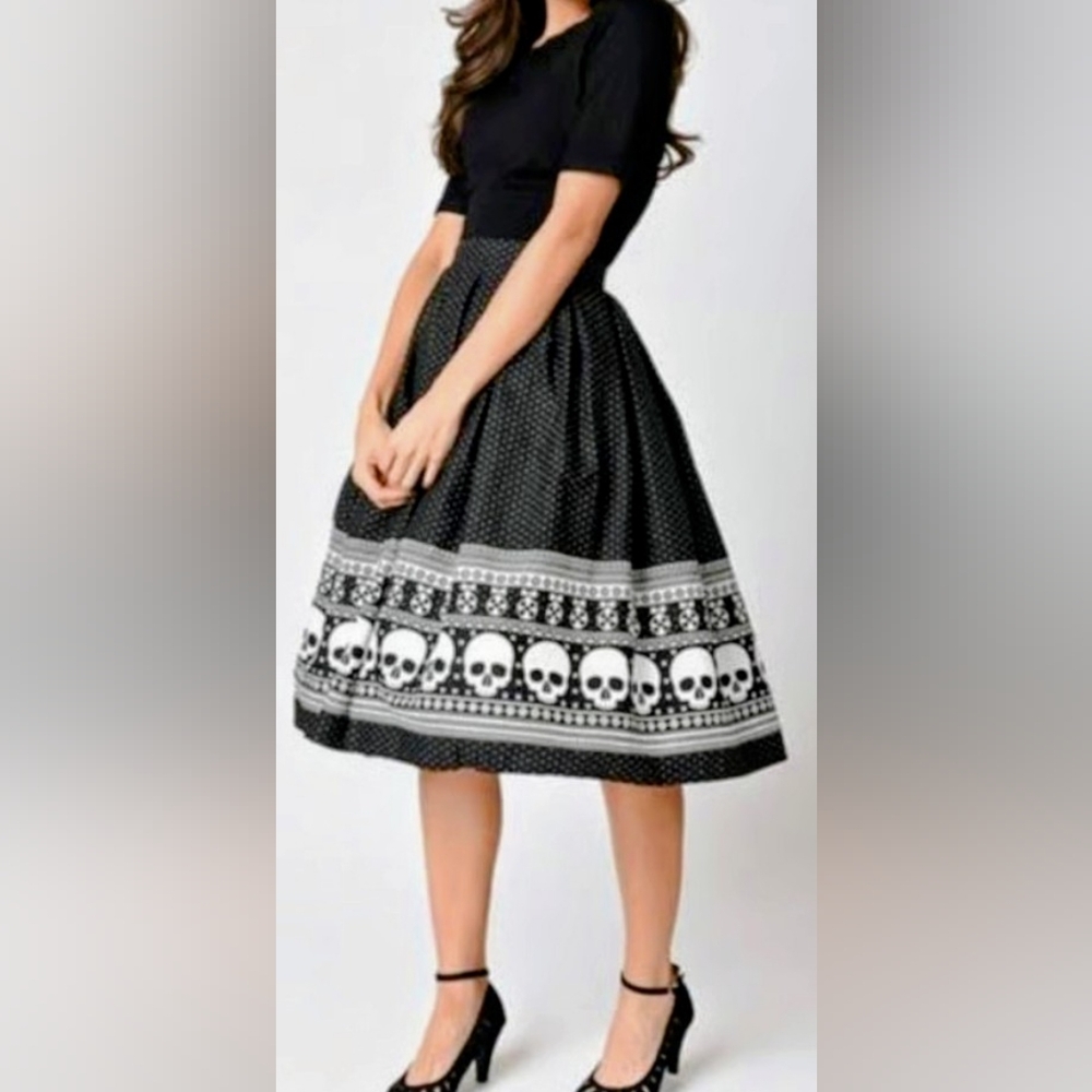 EUC...Goth-like Hell Bunny Black and White Polka Dot Skull Midi Skirt